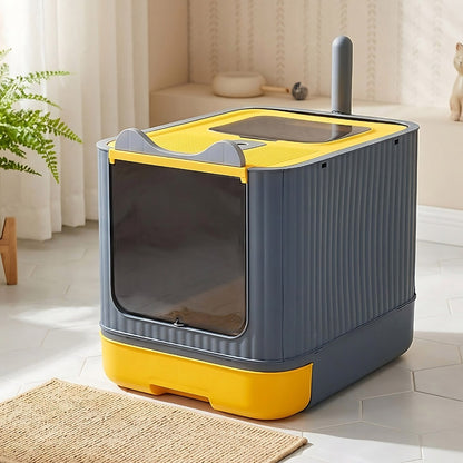 Enclosed Cat Litter Box with UV Sterilisation & Deodoriser | Large Hooded Cat Toilet with Drawer Tray & Scoop | Anti-Splash Odour Control Litter Tray | 44.5x36.5x34.5cm | Grey