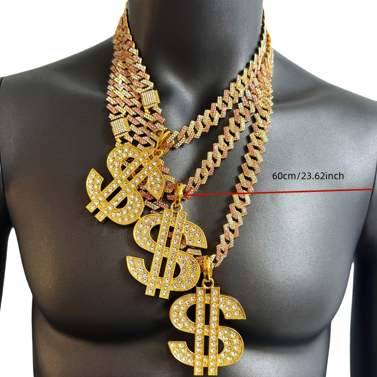 Large and Heavy US Dollar Symbol Pendant,  18K Gold Plated Alloy 18K Gold Plated-plated Cuban Chain Necklace with 12mm Full, Men's Hip-hop Style Ring Combination