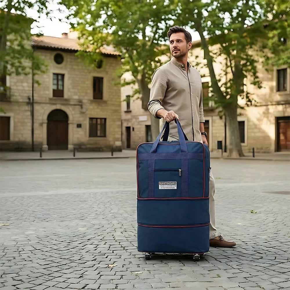 Large Capacity Foldable Travel Bag with Wheels, Oxford Rolling Luggage with Lock, Backpack Travel Duffle, Lightweight Suitcase, Versatile Travel Tote for Airport, Train Travel, Outdoor Trips, Travel Storage Bag, Clothing Protection Bag 1PC