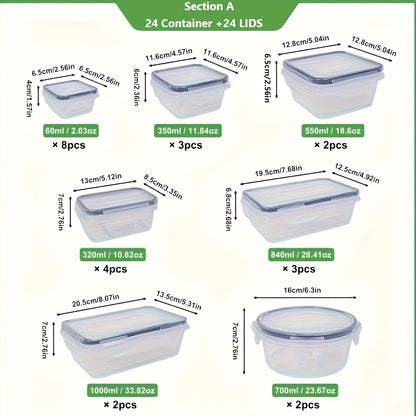 48pcs/ Part A/Section B (24/24/12 Lid And 24/24/12 Container) Plastic Refrigerator Storage Box, Kitchen Crisper Box Set, Refrigerator And Freezer Storage Box, Fruit And Vegetable Sealed Box, Airtight Design, Stackable Design