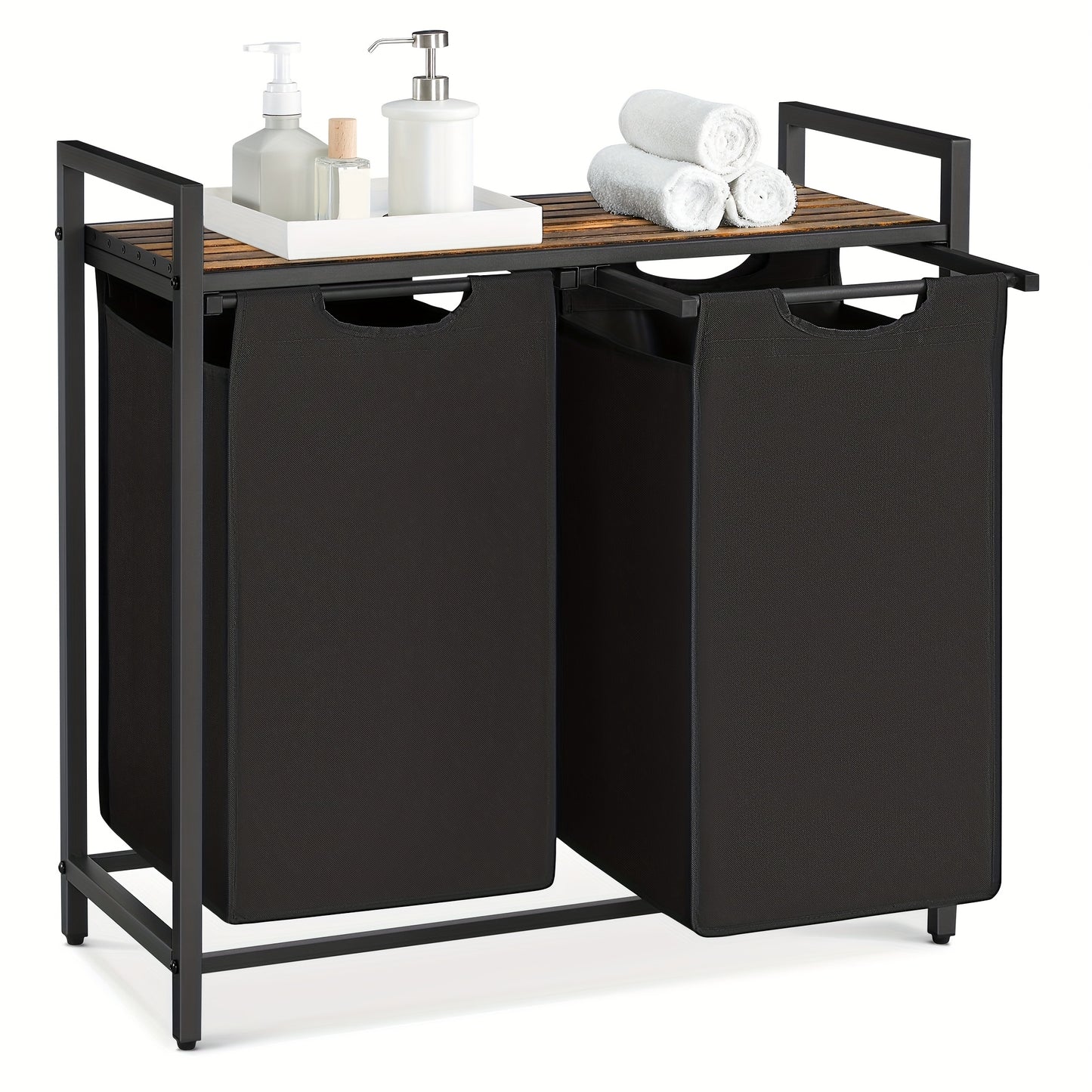 Dirty Laundry Basket, 2 Compartments, Bin, with 2 Removable Oxford Cloth Bags, Metal Frame, 2 X 46 Litres, 73 X 33 X 72cm, Laundry Baskets