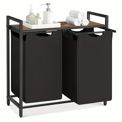 Dirty Laundry Basket, 2 Compartments, Bin, with 2 Removable Oxford Cloth Bags, Metal Frame, 2 X 46 Litres, 73 X 33 X 72cm, Laundry Baskets