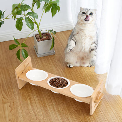 Raised Cat Bowl, Cat Bowls with Stand Tilted 15°, Adjustable Elevated Ceramic Cat Food Bowl for Cats and Small Dog, Adjustable Dog Bowl Stand - Raised Bamboo Stand with One, Two, or Three Ceramic Bowls for Feeding Small,Medium Sized Dogs, Cats,and Pets -