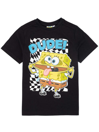 SpongeBob SquarePants Boys Black Short-Sleeved Graphic Tee | Dude! SpongeBob Placement Print T-Shirt | Kids Cartoon Apparel | Nickelodeon SpongeBob Dude Top for Children & Teens