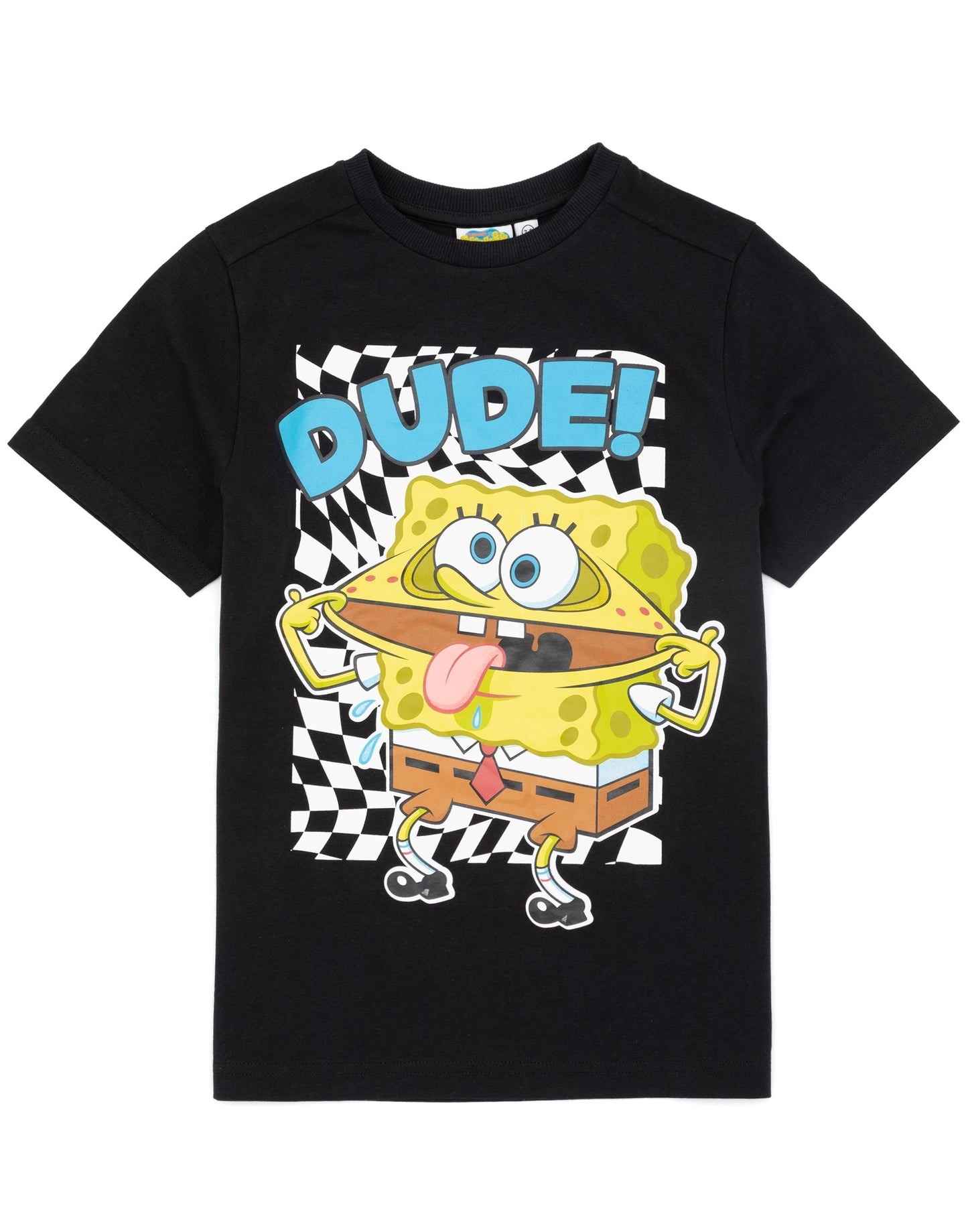 SpongeBob SquarePants Boys Black Short-Sleeved Graphic Tee | Dude! SpongeBob Placement Print T-Shirt | Kids Cartoon Apparel | Nickelodeon SpongeBob Dude Top for Children & Teens
