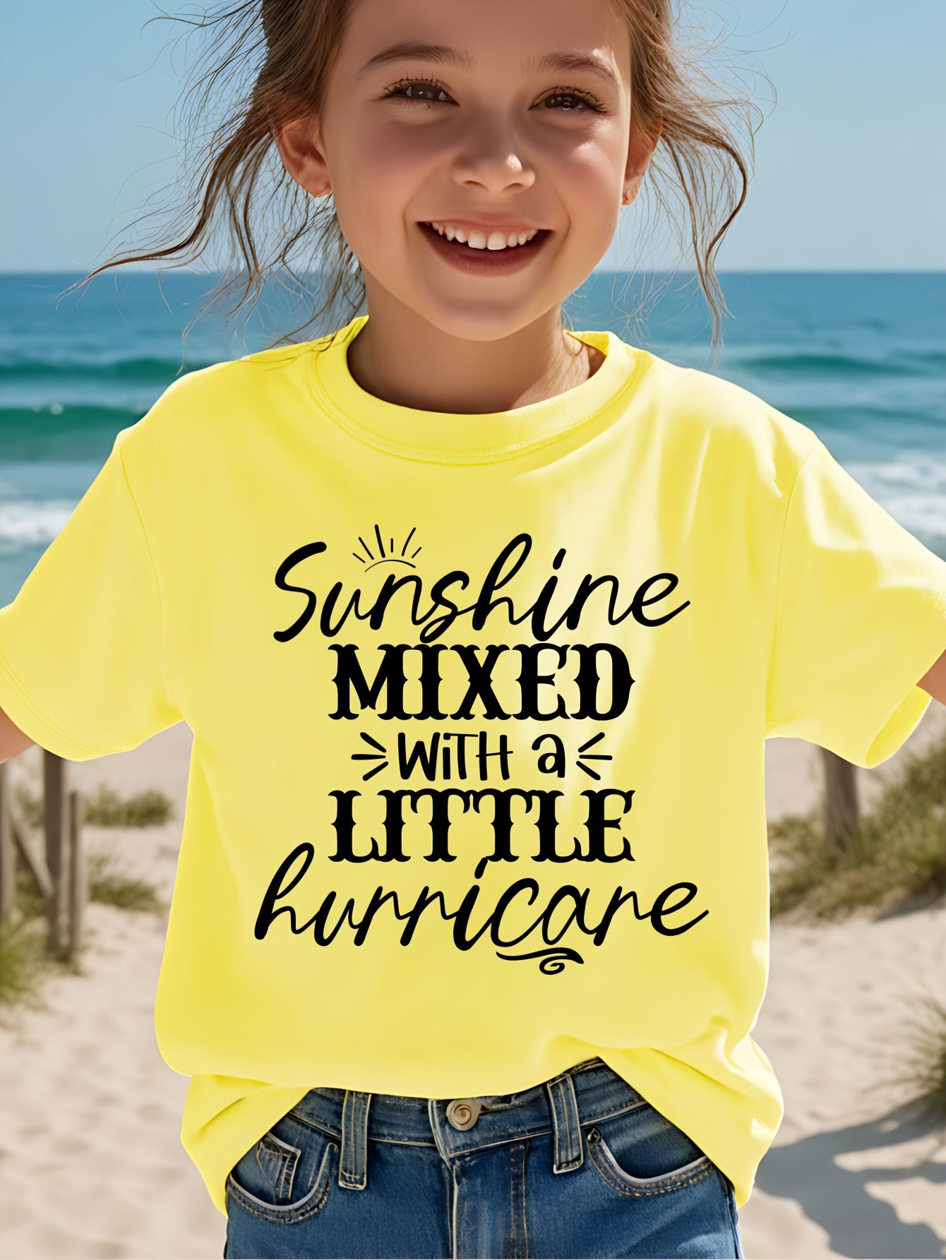 Girl Sunshine MIXED with a LITTLE Hurricane Simple Letter Print Short Sleeve Casual Versatile T-shirt