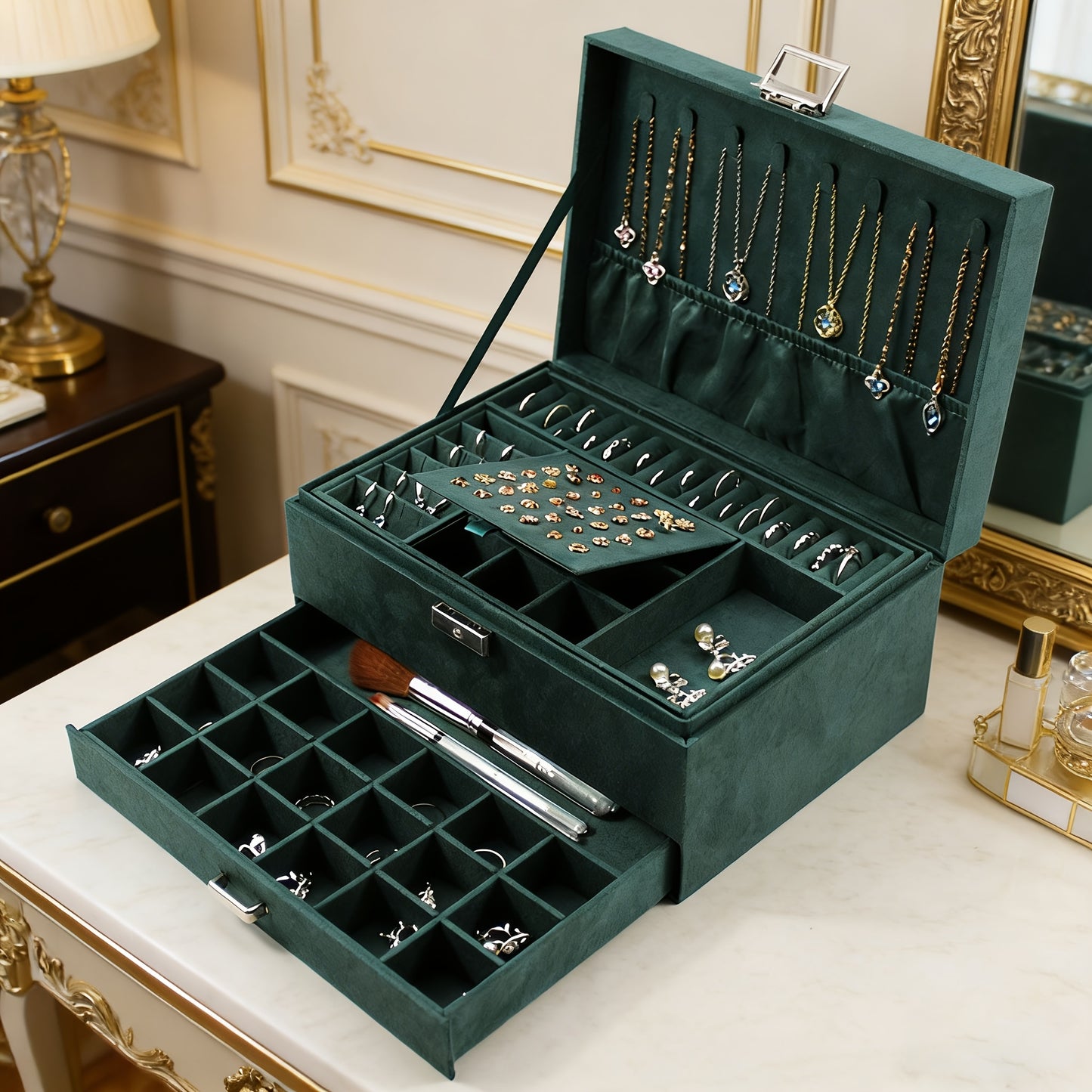 1 Deep Green Luxury Jewelry Storage Box for s, High-End Three-Tier Drawer Jewelry Organizer with Large Capacity, Ideal Gift Choice for Necklaces, Earrings, Rings, and Bracelets