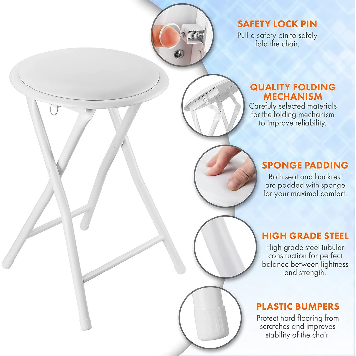 BLACK WHITE FOLDING STOOL ROUND FOLDABLE METAL SPACE SAVING STOOLS PADDED SEAT