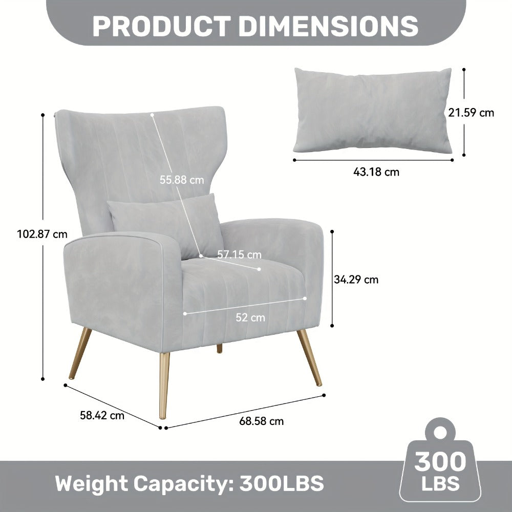 Velvet Armchair Wing Chair with Cushion & Pillow | Golden Metal Legs Padded Ergonomic Seat | Lounge Reading Reception Chair | Grey Beige Black | Living Room Bedroom Office