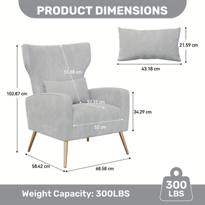 Velvet Armchair Wing Chair with Cushion & Pillow | Golden Metal Legs Padded Ergonomic Seat | Lounge Reading Reception Chair | Grey Beige Black | Living Room Bedroom Office