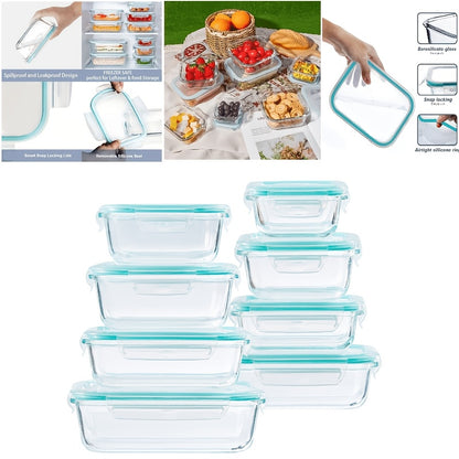 Glass Refrigerator Storage Box16pcs (8 Containers +8 LIDS), Food Storage Container, Crisper with Leak-proof Lock Lid - for Microwave, Lunch Box, Refrigerator, Party, Camping, Wedding - for Meals, Snacks, Fruits, Vegetables, Fitness Meals, Meat