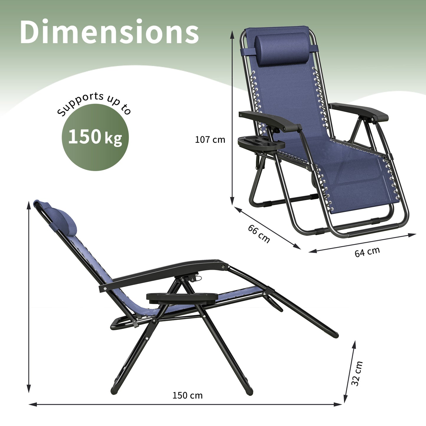 2pcs Zero Gravity Chairs, Fabric Foldable Patio Chairs Outdoor, Lounge Camping Chairs with Padded Pillow, Armrest, Footrest and Cup Holder - Textilene Fabric