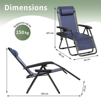 2pcs Zero Gravity Chairs, Fabric Foldable Patio Chairs Outdoor, Lounge Camping Chairs with Padded Pillow, Armrest, Footrest and Cup Holder - Textilene Fabric