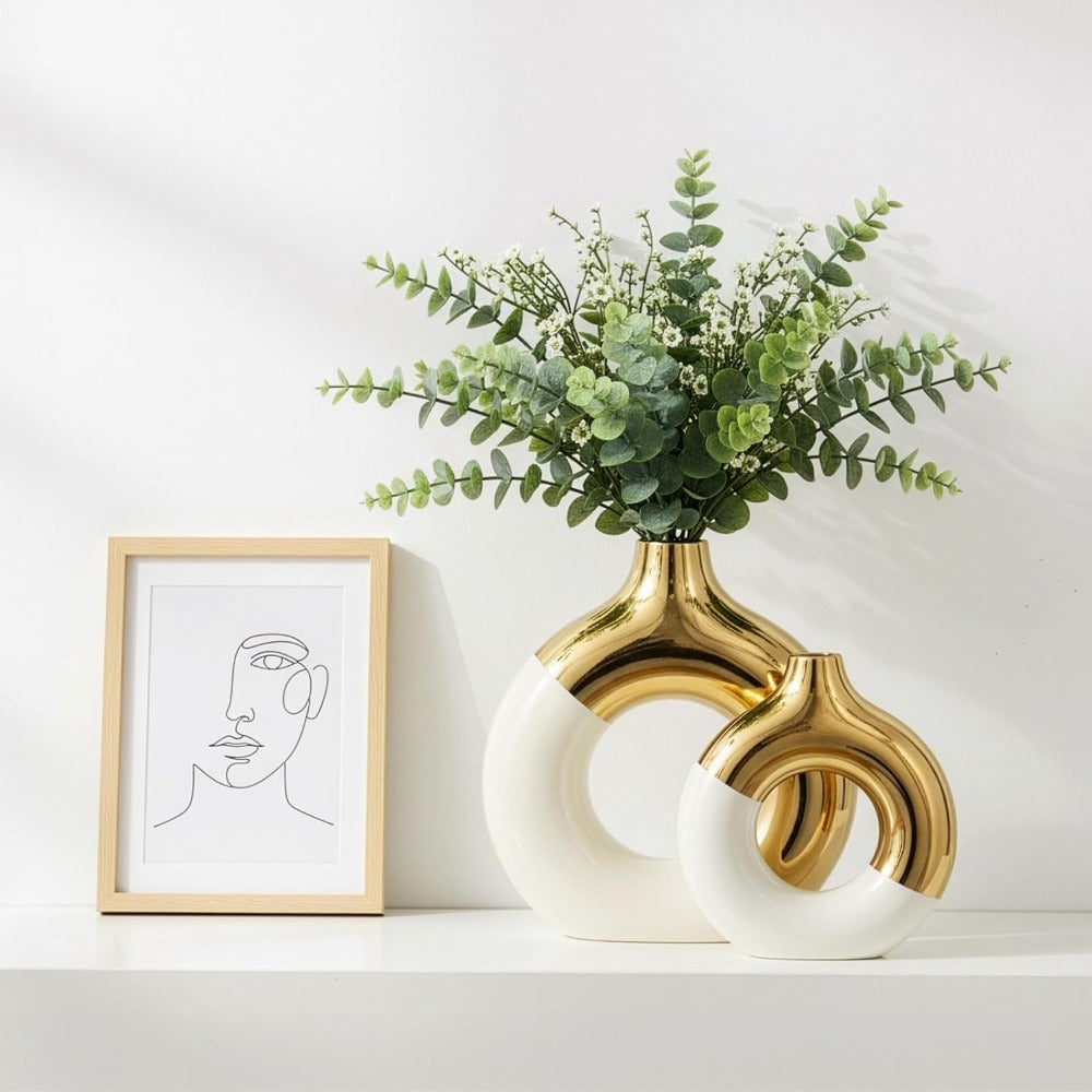 Ceramic Donut Vase Set 2pcs Gold White Glazed Bohemian Table Decor for Living Room & Wedding Centerpiece