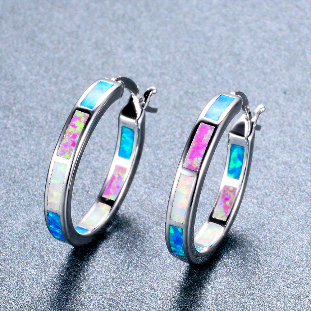 Boho Vintage Blue White Synthetic Opal Earrings | 14K Golden Plated Copper Hoop Earrings for Women, Suitable for Daily and Party Occasions