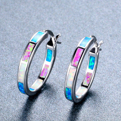 Boho Vintage Blue White Synthetic Opal Earrings | 14K Golden Plated Copper Hoop Earrings for Women, Suitable for Daily and Party Occasions