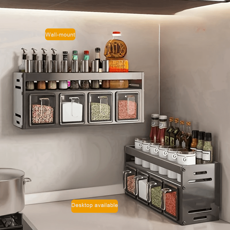 3/4/5-Compartment Seasoning Containers Kitchen Seasoning Storage Rack Spice Rack Organizer for Kitchen Countertop, 1 SET Stainless Steel Adjustable Wall Mounted Spice Storage ith Removable Containers and Seasoning Boxes -Halloween Ideal for Christmas Gift