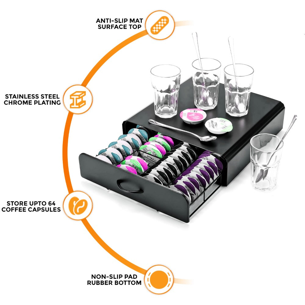 Coffee Pod Holder Drawer for 64 Capsules – Stackable T-Disc Stand with Non-Slip Base & Anti-Vibration Design for Kitchen & Office