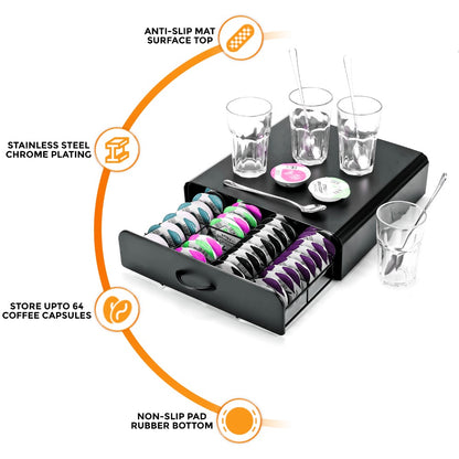 Coffee Pod Holder Drawer for 64 Capsules – Stackable T-Disc Stand with Non-Slip Base & Anti-Vibration Design for Kitchen & Office