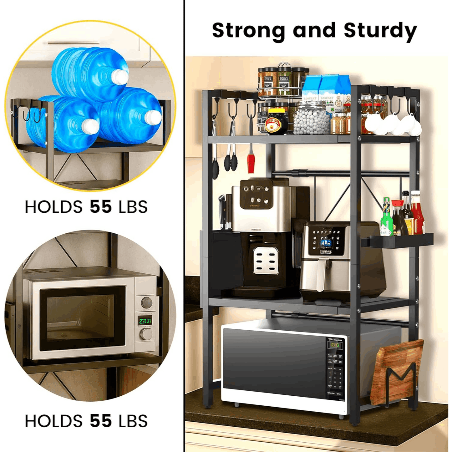 Unique Impression Extendable 3-Tier Microwave Rack - 2 Shelves Microwave Stand for Kitchen Counter - Hot Air Fryer, Toaster and Coffee Machine Rack
