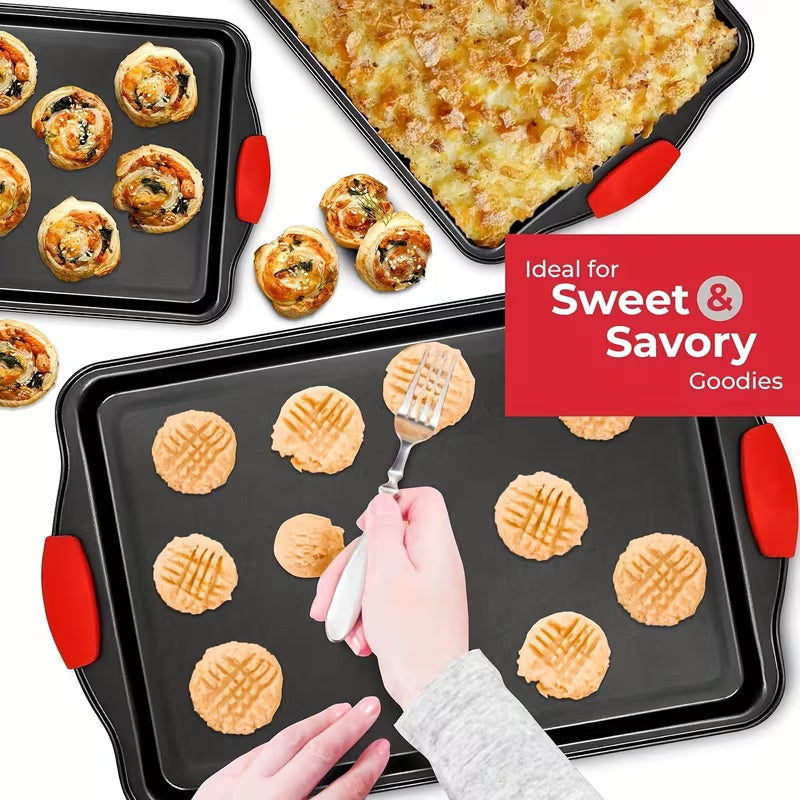 3pcs Heavy-Duty Carbon Steel Non Stick Baking Tray Set - Commercial Grade Oven Biscuit Baking Tray with Red Silicone Texture Anti Slip Layer, No Sharp Edges, Suitable for Home And Professional Kitchens, Ovens, Grills, Compatible with Various Baking Scenar