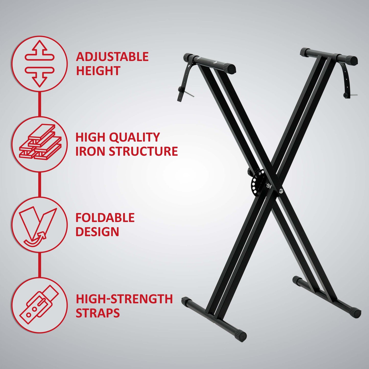 X-Frame Keyboard Stand - Height Adjustable Single/Double Braced for Keyboards, Synthesisers and Digital Pianos - Black
