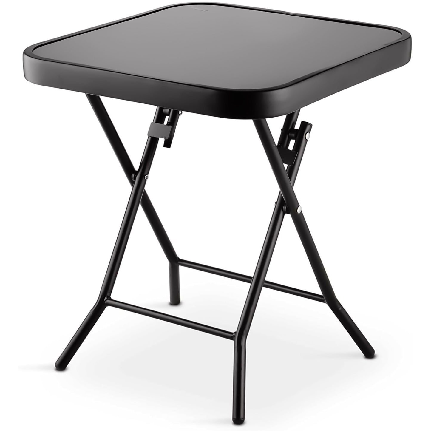 Folding Side Table with Glass Top, Small Outdoor Coffee Table, Garden Home Furniture for Indoor Outdoor Cafe Dining, Black (Square)