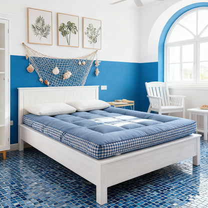 Ultra-soft and Comfortable Brushed Quilted Mattress Topper, Extra-thick Foldable Mattress Topper with Side Plaid Design, Breathable and Durable Bed Mattress Pad Cover, with Strap Design, Medium Hardness, Luxury Bedding for Bedroom, Apartment, Guest Room,