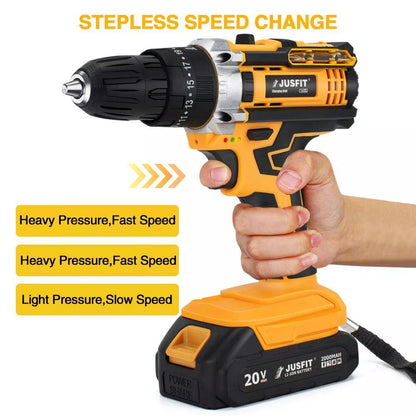 29pcs JUSFIT Cordless Hammer Drill Set, Cordless Combi 3/8" keyless Chuck Drill Kit, Drills Driver with 2 *Batteries and 1 Case, Electric Screwdriver Set, 25+3 Clutch, 3 IN 1 Functions, Variable Speed, LED light, Hammer Drill for Drilling and Screw Drivin