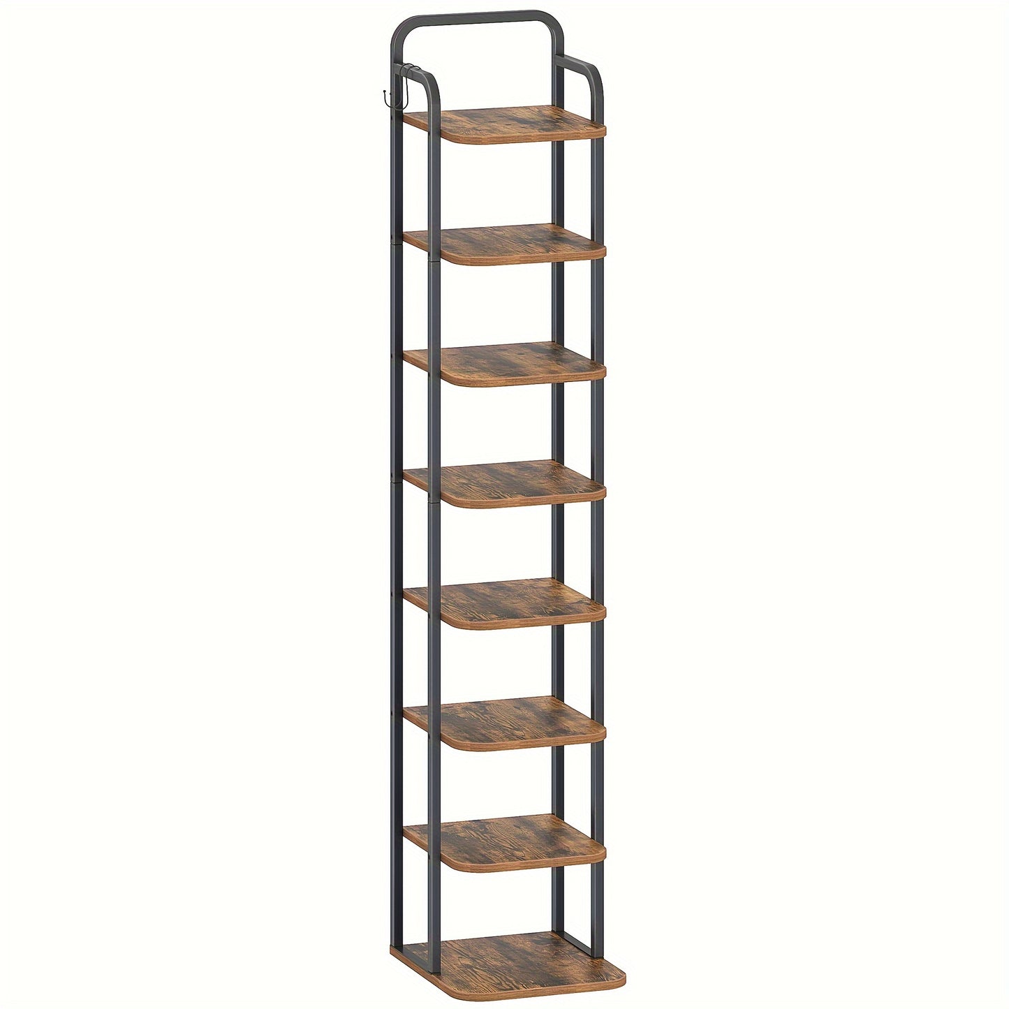 Vertical Shoe Rack, Shoe Shelves, Wood Shoe Organizer for Closet, Entryway, Shoe Tower for Small Spaces, Free Standing, Adjustable, with 2 Hooks, 6/8/10 Tier Rustic Brown, Greige