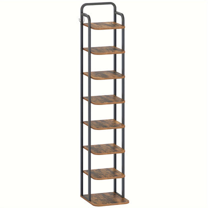 Vertical Shoe Rack, Shoe Shelves, Wood Shoe Organizer for Closet, Entryway, Shoe Tower for Small Spaces, Free Standing, Adjustable, with 2 Hooks, 6/8/10 Tier Rustic Brown, Greige