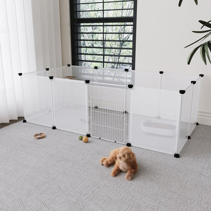 Transparent Plastic Dog Fence with Door Frame, 12-Panel Clear Plastic Dog Playpen with Door Frame, Modular Pet Fence System, Small/Medium Dog Pen with Convenient Access Gate for Indoor Use, Ideal for Home Indoor Use Like Living Room, Bedroom, 149x70x45cm