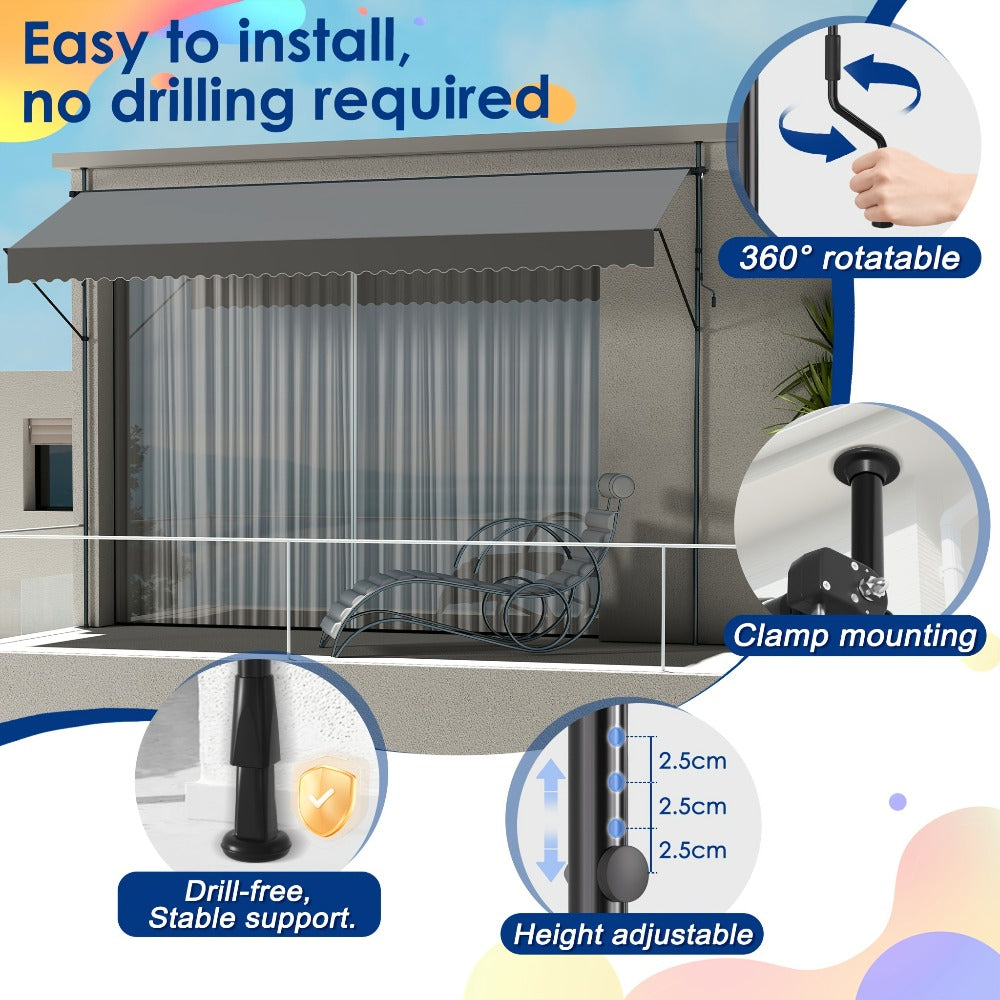 Retractable Awning 200x120cm Hand Crank | No Drilling Clamp Fit | UV Resistant 180g/m² PU Coated | 0-90° Tilt Height 1.75-3m | Patio Balcony Sun Shade | 4 Colours