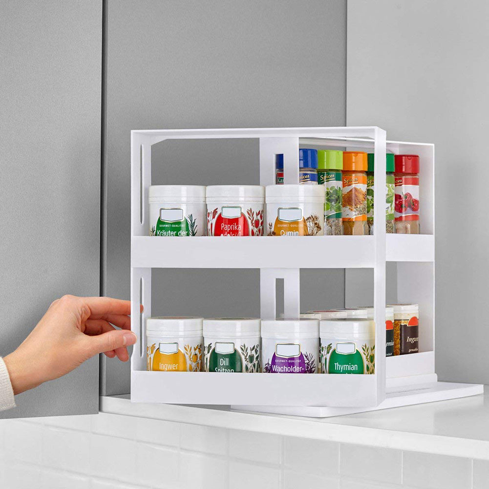 1 piece, double-layer rotating kitchen spice rack, plastic shelf, multi-purpose organizer for kitchen, pull-out cabinet and countertop storage for spice bottles and cans, space saving storage rack, white, size: 28 cm W x 10.2 cm D x 27.5 cm H