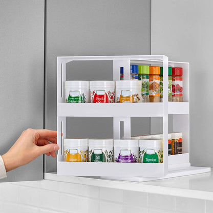 1 piece, double-layer rotating kitchen spice rack, plastic shelf, multi-purpose organizer for kitchen, pull-out cabinet and countertop storage for spice bottles and cans, space saving storage rack, white, size: 28 cm W x 10.2 cm D x 27.5 cm H