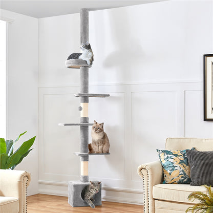 Costoffs Cat Tree, Floor-to-Ceiling Cat Tree Tower, 226-266cm Adjustable Large Height Cat Tree, Tall Cat Tree with 4 Perches and Scratching Posts For Small Medium-Sized Cats