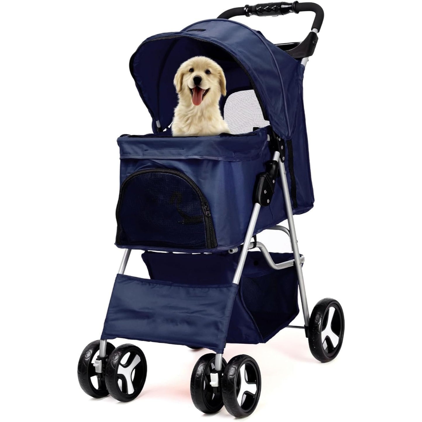 Foldable Pet Stroller With Rain Cover, Portable Foldable Outdoor Walking Cart with Large Space, Hand-Pull Design, Durable Oxford Fabric, Ergonomic Handle & Ventilation Mesh, Lightweight & Sturdy Frame For Small To Medium Dogs - Outdoor Pet Carrier, Modern