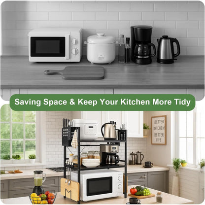 Heavy-Duty Expandable Microwave Rack - Adjustable Width (40-60cm) & Height, 3-Tier Kitchen Organizer with 6 Hooks, Space-Saving Countertop/Cabinet Storage Shelf, Sturdy Metal Construction, Easy Assembly for Microwave, Pots, Pans, Utensils - Ideal for Smal