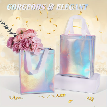 Gift For Her/Him Set of 15 Shimmering Holographic Bags Featuring Handles - Medium-Sized Tote Bags Ideal for Birthdays, Celebrations, Weddings, And Christmas - Vibrant Rainbow Sparkle Pattern, Sturdy Non-Woven Fabric