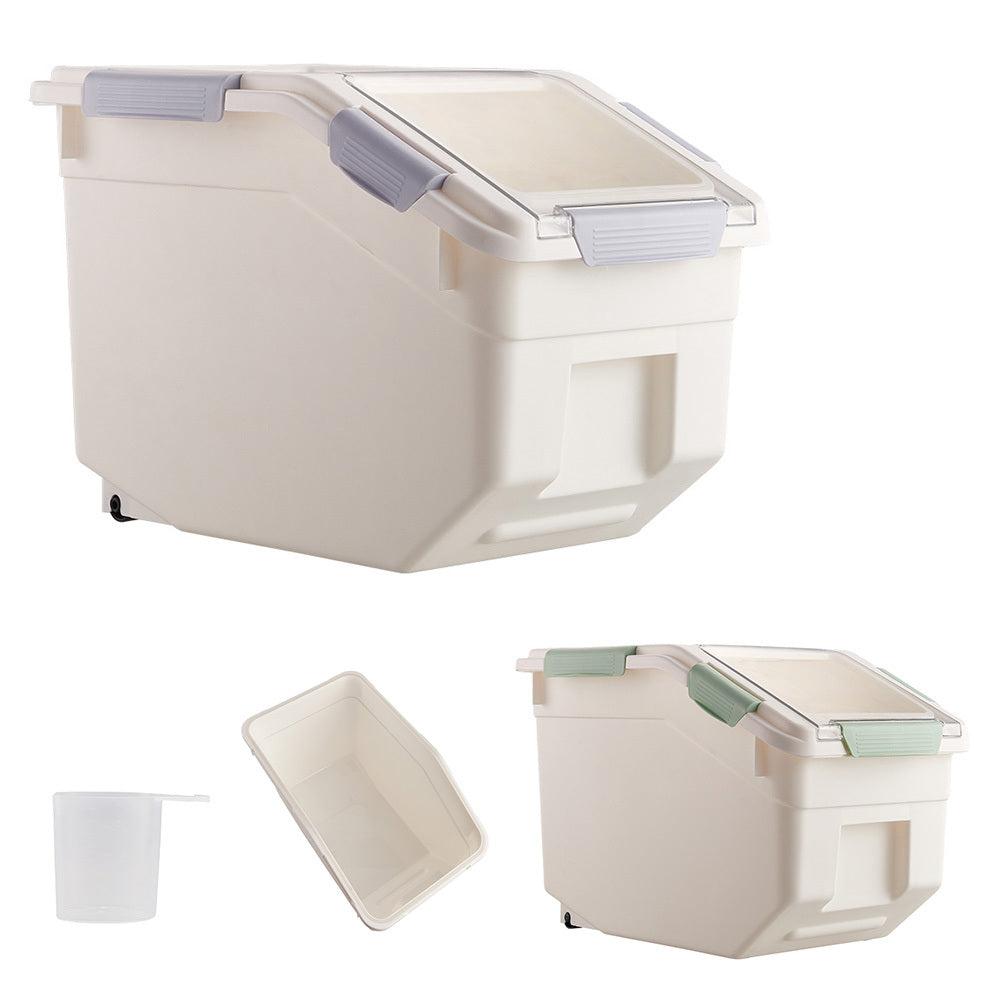 Rice Dispenser 10kg with Scoop, PP Rice Storage Container with Lid & Wheels for Dog & Cat Food, Flour, Cereal, Nuts, Beans, Kitchen Storage Box, Grey/ Green, 35*20*26CM