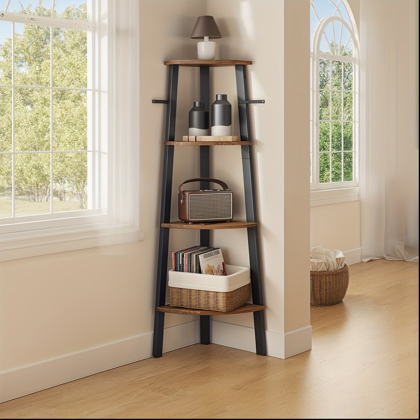 4-Tier Corner Shelf Unit, Ladder Shelf for Living Room, Suitable As a Bookshelf Or Plant Stand, Industrial Style Accent Furniture