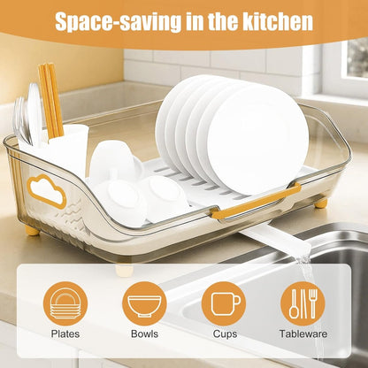 1pc Dish Drying Rack with Handle & Drainboard - Space-Saving Compact Design with Utensil Holder, Durable Plastic Construction, Easy to Clean & Move - Over Sink or Countertop Use for Small Kitchens, Apartments, RVs - Modern White & Golden Kitchen Organizer