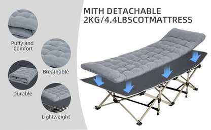 Adults Single Camping Cot with Thick Pad, Folding Camping Cot Oversize Cots for Sleeping Camping Bed Folding Cot for Camping W/Pilllow Mattress for Home Office Nap Beach Travel, 272.16KG (176 * 64CM-Grey)