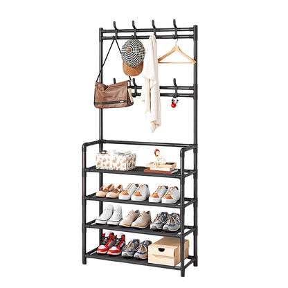 Large Capacity Coat Rack Stand, Metal Hall Tree with 8 Hooks Bag Hat Hanger and Non Woven Fabric Shoe Shelves, Modern Clothes Rack, Versatile 4 Tiers Shoe Rack Bench with Metal Frame for Entryway Hallway Living Room Clothes Drying Rack