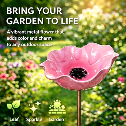 [3D] Handmade Metal Flower Garden Stake with Bee Bath Bird Water Bowl Decorative Outdoor Yard Art, Butterfly & Pollinator Watering Station, Weather-Resistant Garden Decor Gift