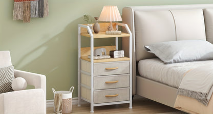 Modern End Table with 3 Fabric Drawers & 2 Open Shelves - Metal Frame Bedside Table, Light Beige Finish, 68.58cm Height, 3, 2 Cu Ft Storage, Easy Assembly for Bedroom & Living Room, Bedroom Nightstand, Contemporary Design, Sturdy Construction, Minimalist