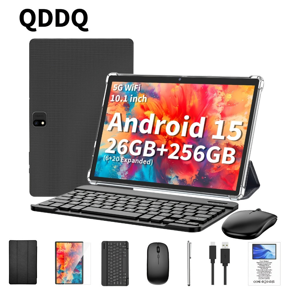 QDDQ Android 15 Tablet 10.1 Inch with Keyboard Wireless Mouse Case Stylus 26GB RAM 256GB or 12GB RAM 64GB ROM LED Screen Gaming WiFi USB-C