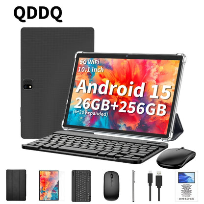 QDDQ Android 15 Tablet 10.1 Inch with Keyboard Wireless Mouse Case Stylus 26GB RAM 256GB or 12GB RAM 64GB ROM LED Screen Gaming WiFi USB-C