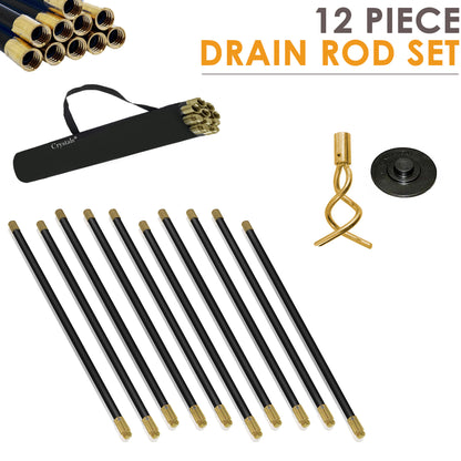 Drain Rods Set, Drainage Rods for Outside Drain Flexible, 12 Pcs / 9.2M Drain Unblocker with Heavy Duty Rubber Plunger & Double Worm Screw, Drainage Rods for Drain Cleaning with Carry Bag