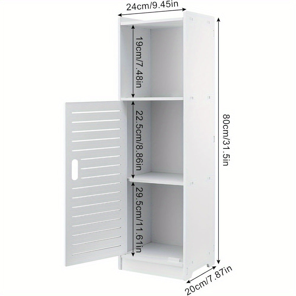 Bathroom Storage Cabinet | White Wood-Plastic Freestanding Organizer | 3-Tier with Slatted Doors & Open Shelf | Space-Saving Design for Bathroom, Kitchen, Bedroom | Modern Minimalist Style, Versatile Cabinet | Slatted Door Design | Woodplastic Material, B